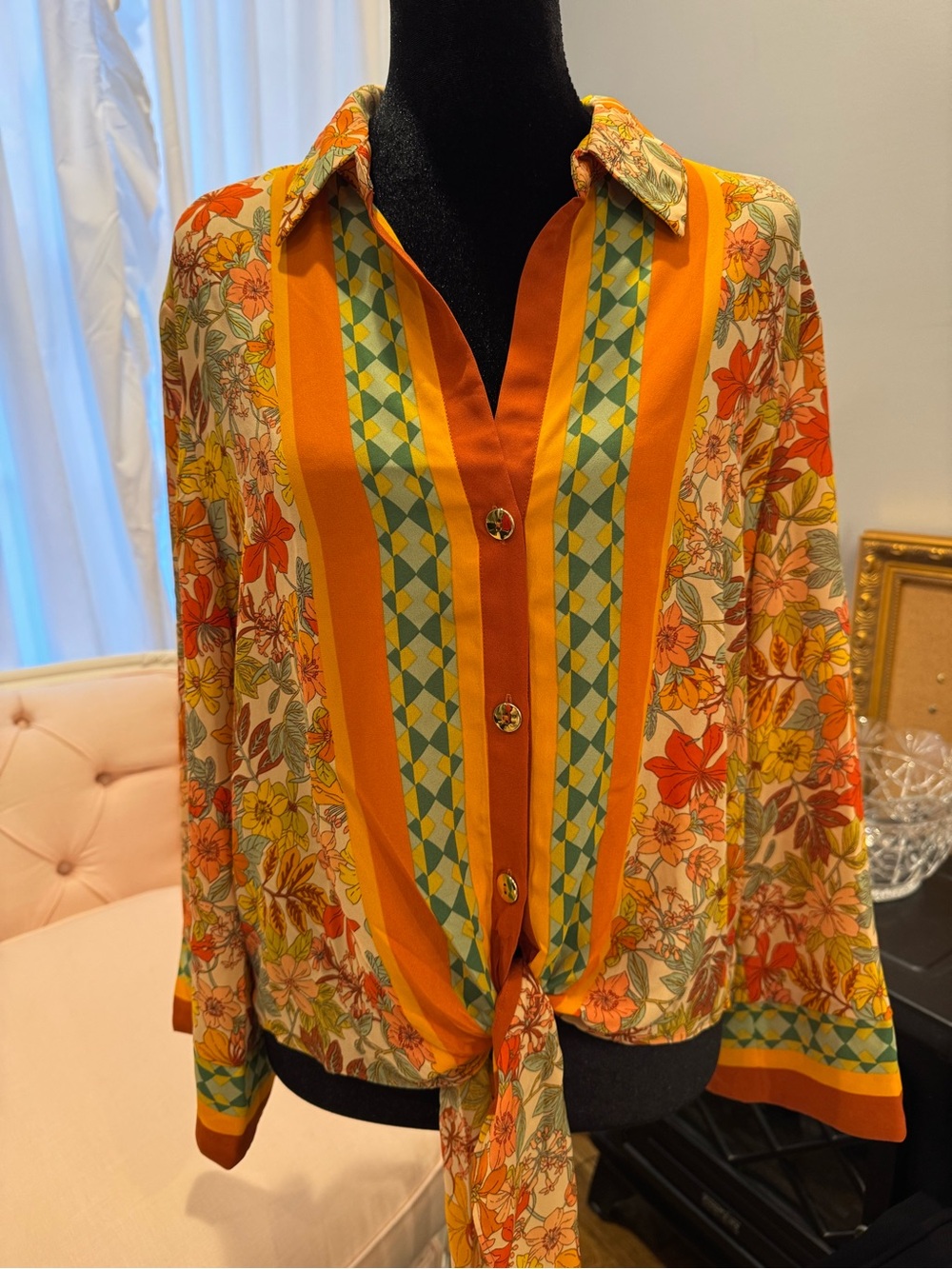 Women's Orange Floral Tie-Front Blouse with Geometric Trim